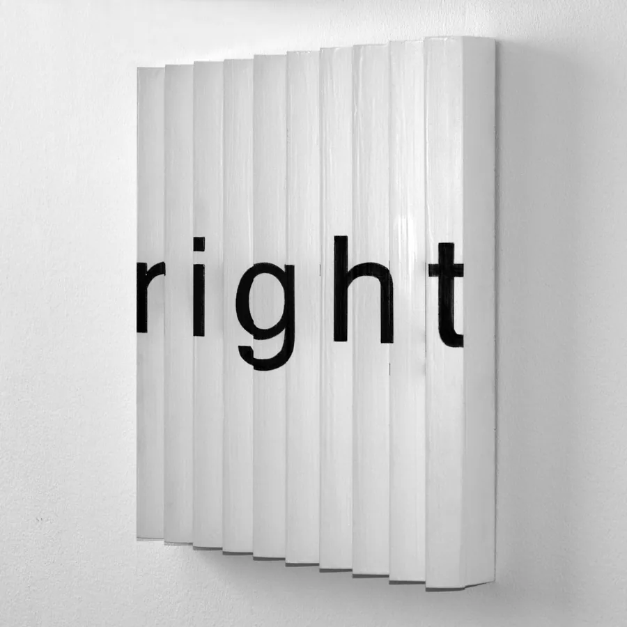 point of view, seen from one side, the word right