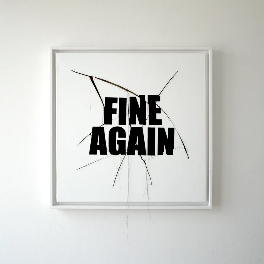 fine again, 50cm x 50cm, acrylic on canvas, sliced, stitched, framed, ©2015