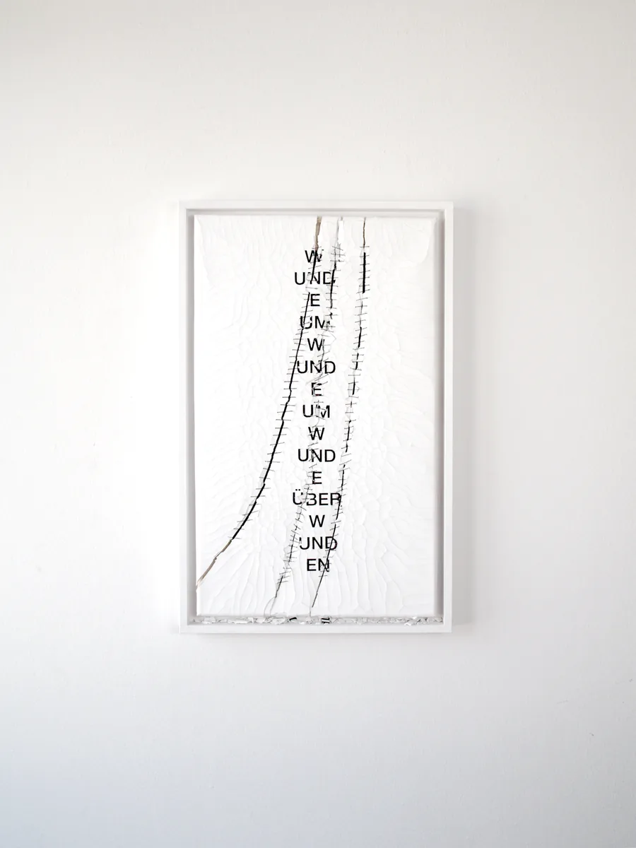 über wunden, 30cm x 50cm, acrylic and dispersion paint on canvas, sliced, stitched, framed, ©2012/2015