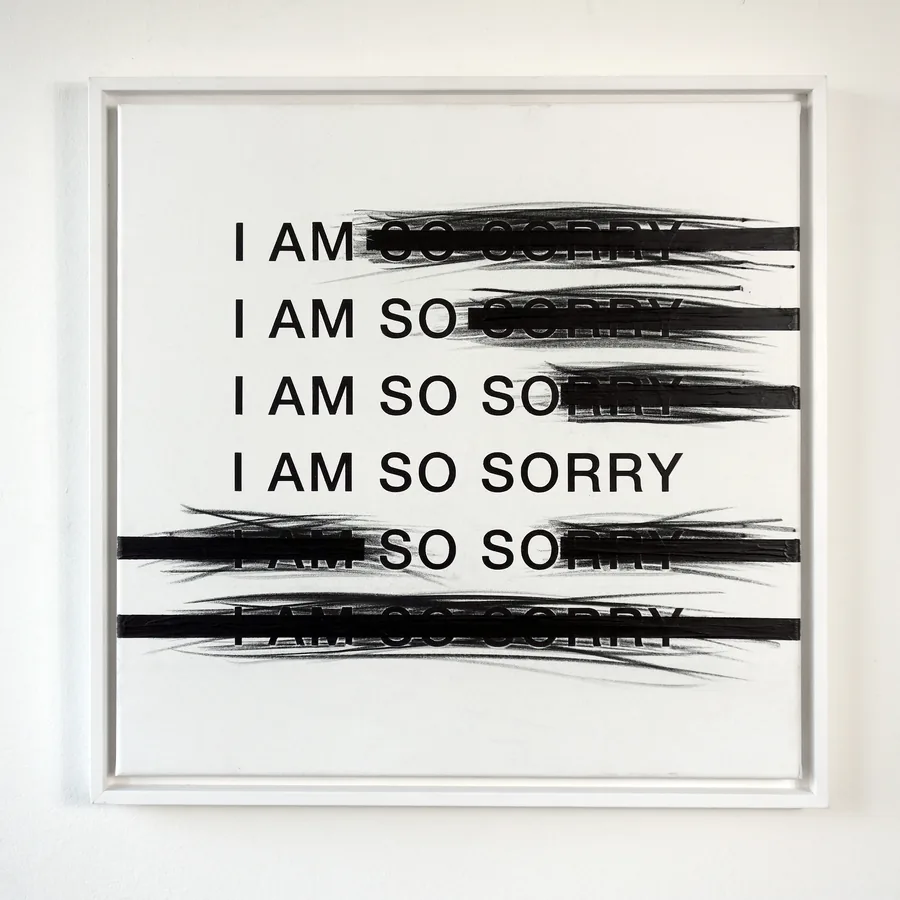 so so, 50cm x 50cm, acrylic and charcoal on canvas, framed, ©2015