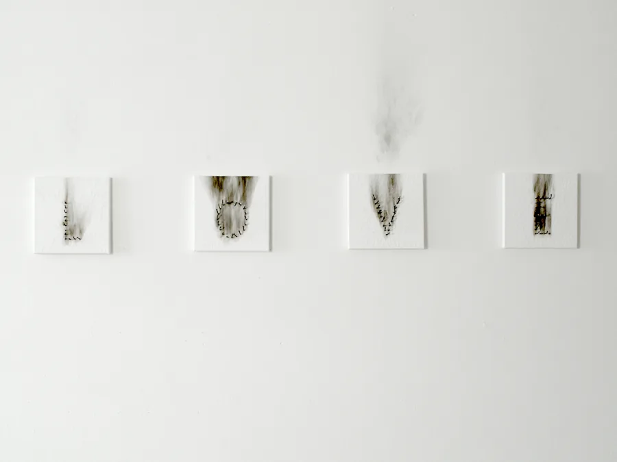 what love looks like (when you can't keep the fire burning), text-installation, burnt match sticks on canvas, © 2010/2015