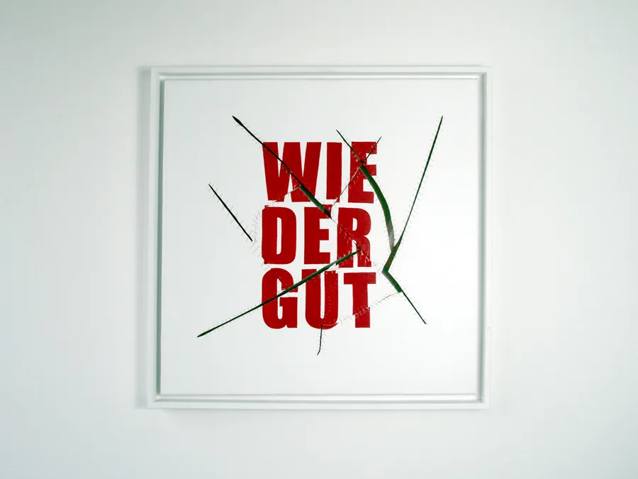 wieder gut, 50cm x 50cm, acrylic on canvas, sliced, stitched, framed, ©2009/2014