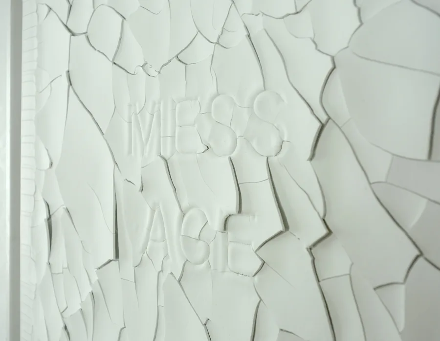 we live in the mess age, detail, the words pressed into the cracked surface
