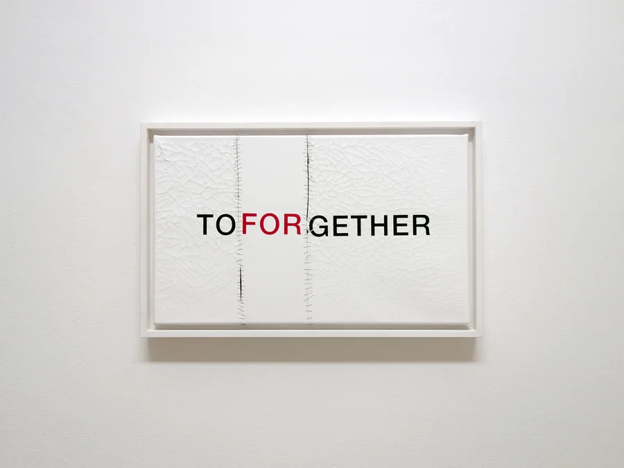 to forget her, 30cm x 50cm, acrylic & dispersion paint on canvas, partly sliced, stitched, framed, © 2020