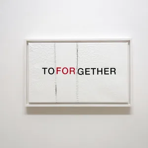 to forget her, 30cm x 50cm, acrylic & dispersion paint on canvas, partly sliced, stitched, framed, © 2020