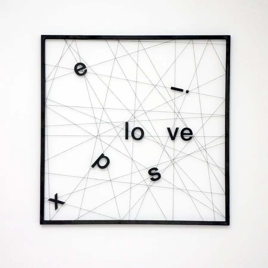 explosive  (big bang in theory), 50cm x 50cm, wooden letters, thread, wooden frame, ©2019