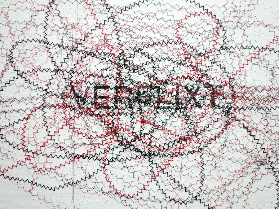 verflixt (und zugenäht), detail, the word under the sewn threads