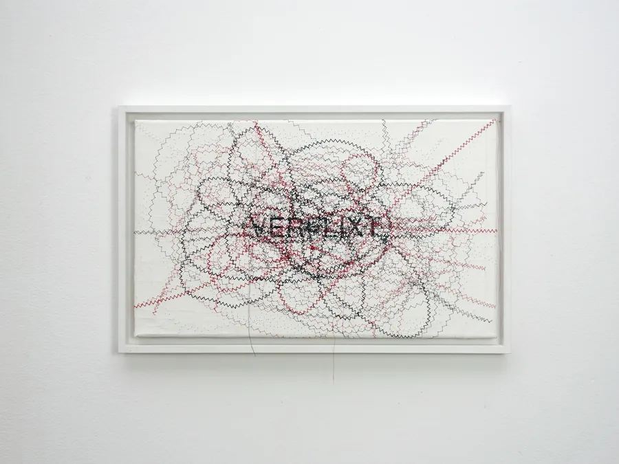 verflixt (und zugenäht), 30cm x 50cm, acrylic on canvas, sewn with different colored threads, framed, ©2017