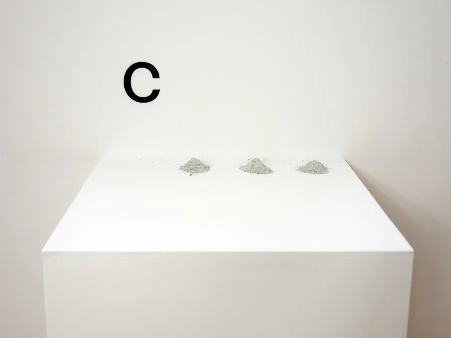 C (what's left) ASH, text-installation, vinyl letter, ash, pedestal, ©2017