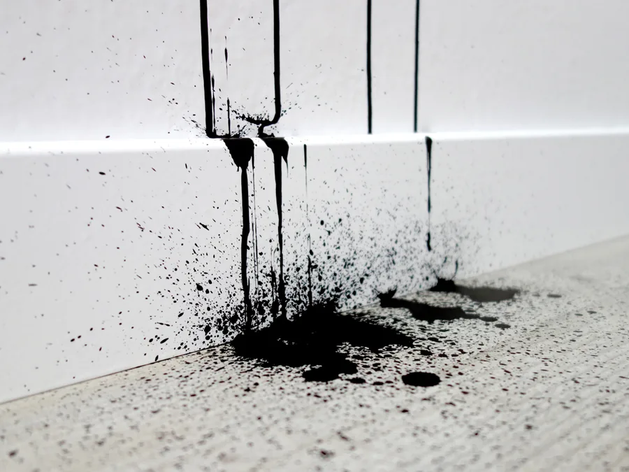 time is running out, detail, the paint splattered at the foot of the wall