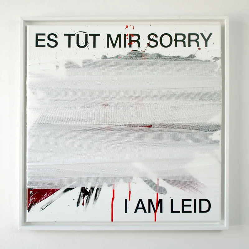 i am leid, 50cm x 50cm, acrylic on canvas, bandage, framed, ©2016