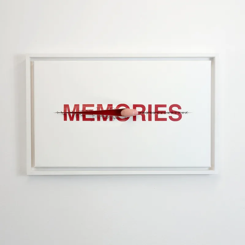 memories, 30cm x 50cm, acrylic on canvas, partly sliced, stitched, plaster cast (framed), © 2009/2016