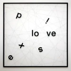 explosive, 150cm x 150cm, wooden letters, thread, wooden frame, ©2019/2023