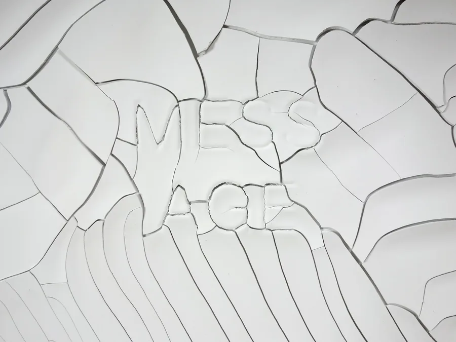 we live in the mess age, detail, the raised letters in the cracks