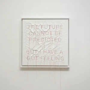 gut feeling, 50cm x 50cm, acrylic, dispersion paint & thread on canvas, framed, ©2021