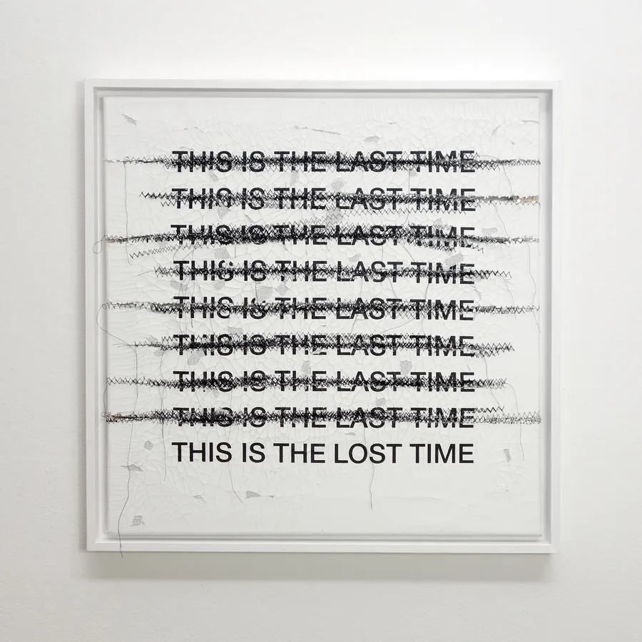 the lost time, 50cm x 50cm, acrylic & dispersion paint & thread on canvas, framed, ©2021