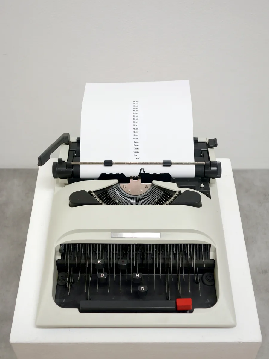the end, altered olivetti lettera 12 typewriter on pedestal, ©2021