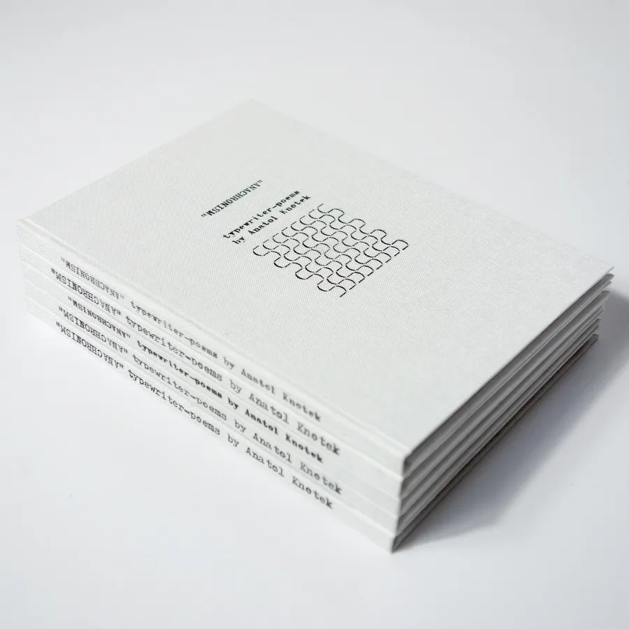 anachronism, anachronism, unique, handmade book, 16 poems, din a6, with sewn bindings, hardcover;, © 2013-2019, , usually a book is just a copy - but not this unique artist’s book!, since 2013 i work on the »anachronism« series, a continuous project where every single poem is individually typed with one of my typewriters (adler triumph gabriele 10 or olivetti lettera 32) and the content varies from book to book., in the newest edition, the book is bound in beautiful white cloth and each cover has a different typewriter pattern on its front, meaning no two books are the same.